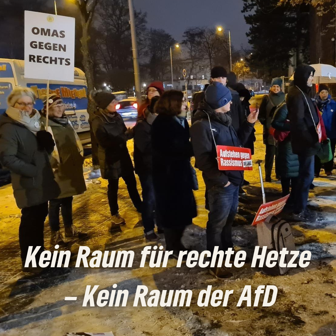 Das Bild zeigt Teilnehmende einer Demonstration gegen den Stammtisch der AfD in Reinickendorf. Zu sehen sind Schilder mit der Aufschrift "Omas gegen rechts" und "Aufstehen gegen Rassismus - Die Linke". Darunter der Schriftzug "Kein Raum für rechte Hetze - Kein Raum der AfD".